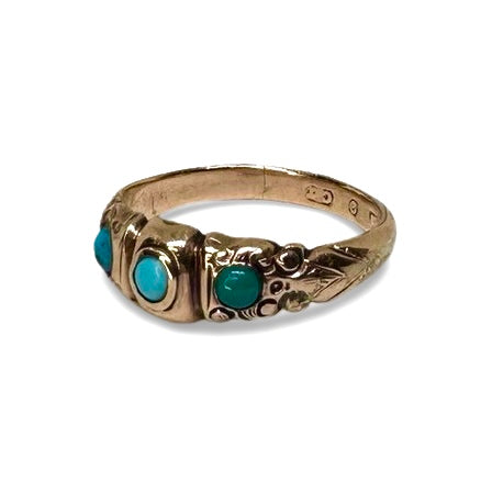VICTORIAN ANTIQUE TURQUOISE TRILOGY ORNATE RING SIZE M