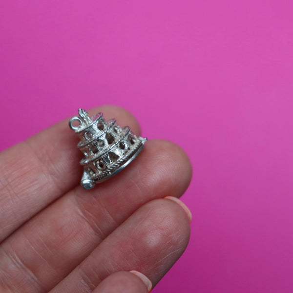1950s SILVER VINTAGE WEDDING CAKE CHARM WITH LUCKY HORSESHOE
