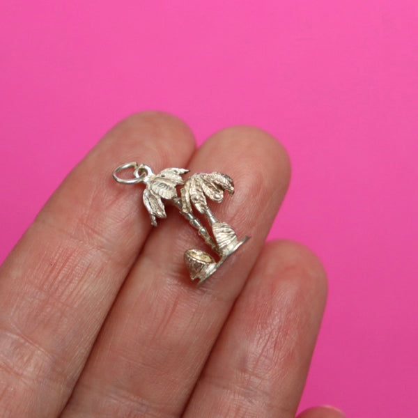 STERLING SILVER VINTAGE PALM TREE COCONUT CHARM PENDANT
