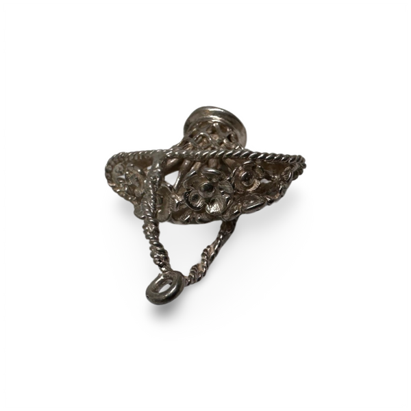 1950s SILVER VINTAGE LARGE BASKET OF FLOWERS CHARM PENDANT