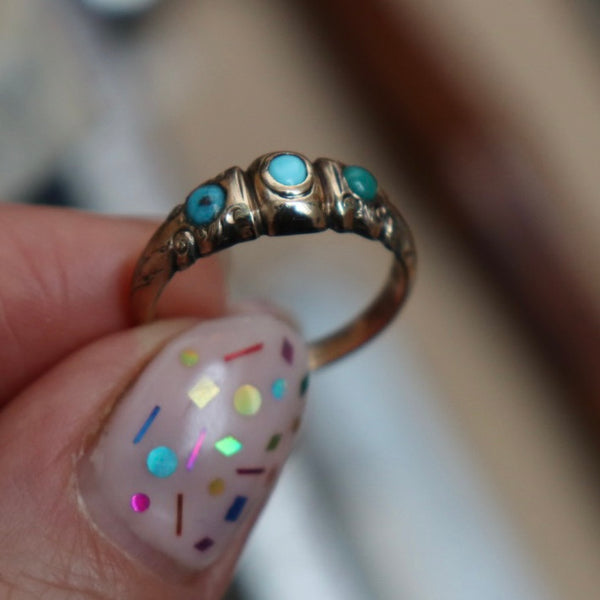 VICTORIAN ANTIQUE TURQUOISE TRILOGY ORNATE RING SIZE M