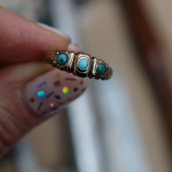 VICTORIAN ANTIQUE TURQUOISE TRILOGY ORNATE RING SIZE M