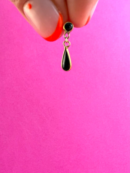9CT VINTAGE ONXY BLACK DROP STUD EARRINGS
