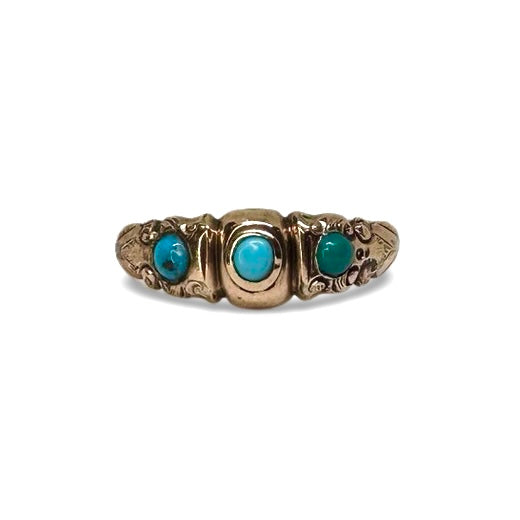 VICTORIAN ANTIQUE TURQUOISE TRILOGY ORNATE RING SIZE M