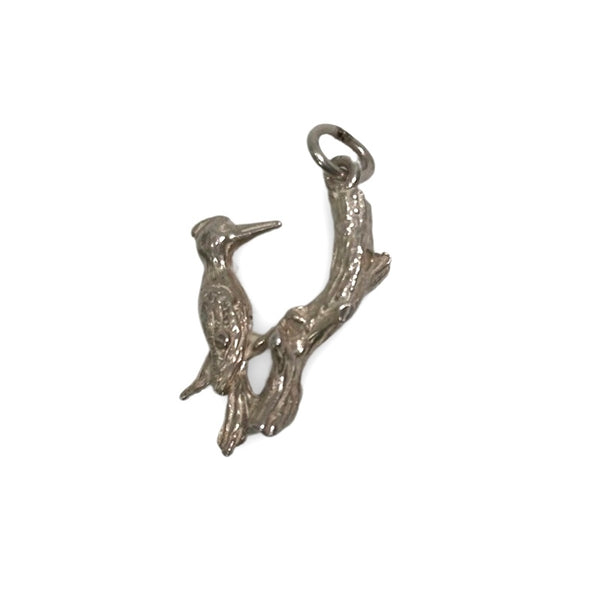 SILVER VINTAGE MOVING WOODPECKER CHARM PENDANT