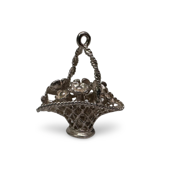 1950s SILVER VINTAGE LARGE BASKET OF FLOWERS CHARM PENDANT