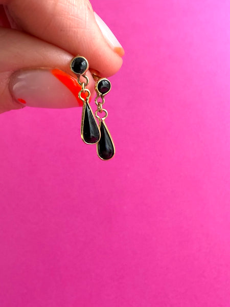 9CT VINTAGE ONXY BLACK DROP STUD EARRINGS