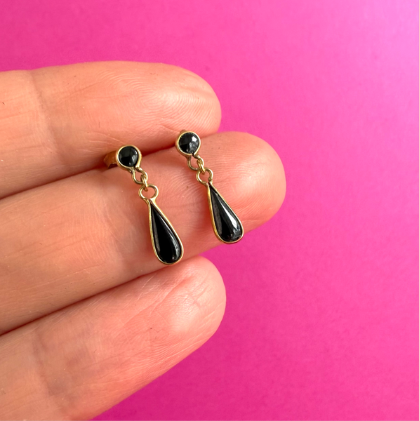 9CT VINTAGE ONXY BLACK DROP STUD EARRINGS