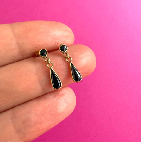 9CT VINTAGE ONXY BLACK DROP STUD EARRINGS