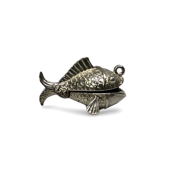 SILVER VINTAGE ARTICULATED FISHING FISH LUCKY CHARM