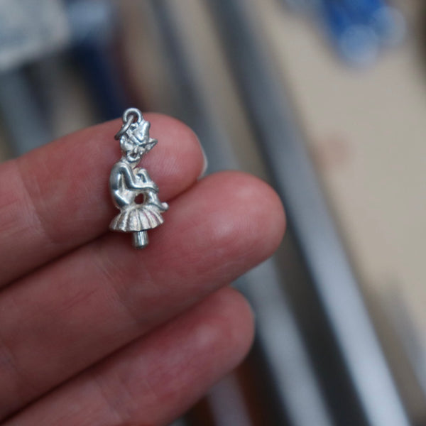 VINTAGE LUCKY ELF ON MUSHROOM SILVER  CHARM PENDANT